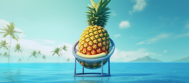 Zomer strand concept stoel met ring drijvende en ananas op blauwe achtergrond