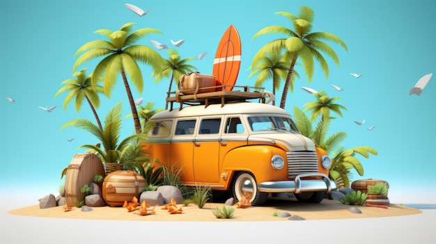 zomer strand met reisaccessoire 3d render koffer 3d illustratie