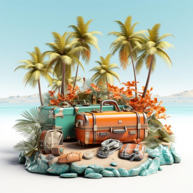 zomer strand met reisaccessoire 3d render koffer 3d illustratie