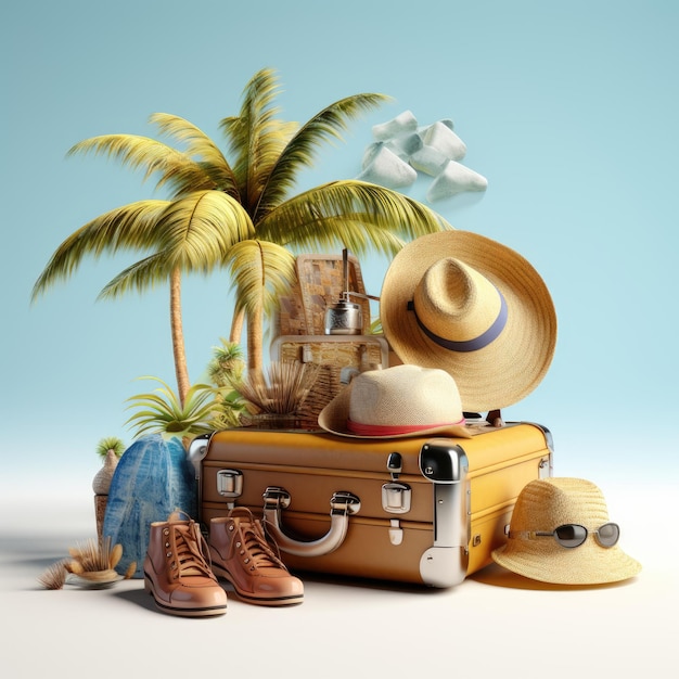 zomer strand met reisaccessoire 3d render koffer 3d illustratie