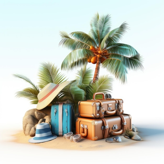 zomer strand met reisaccessoire 3d render koffer 3d illustratie