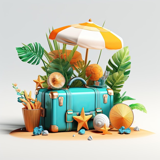 zomer strand met reisaccessoire 3d render koffer 3d illustratie