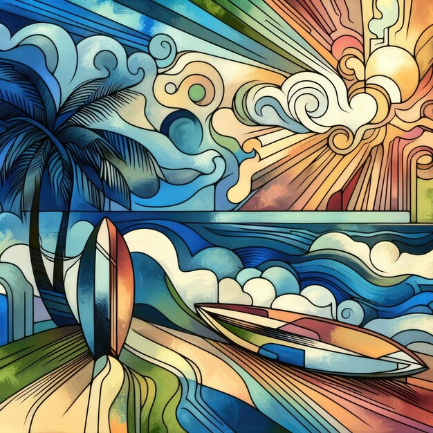 Zomer strand thema achtergrond in kleurrijk glas met Generative AI