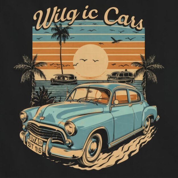 Zomer T-shirt klassieke vintage retro auto's zijn op het strand