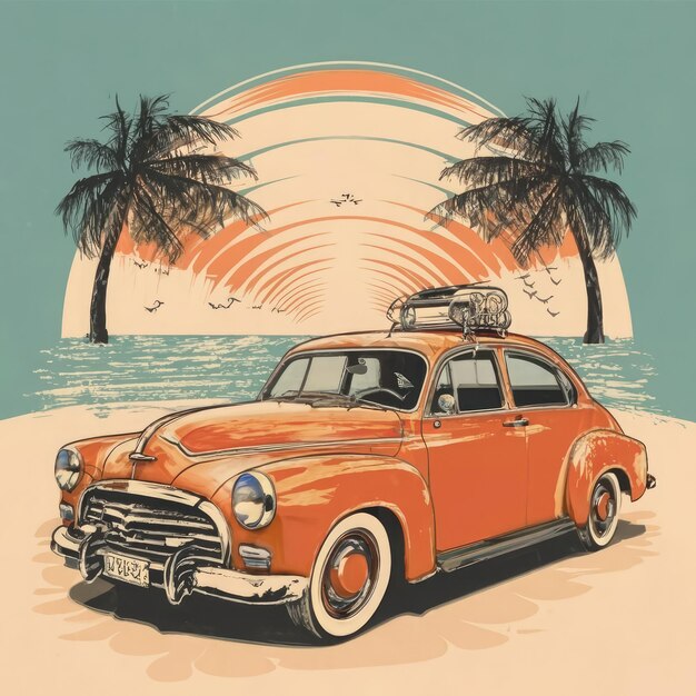 Zomer T-shirt klassieke vintage retro auto's zijn op het strand