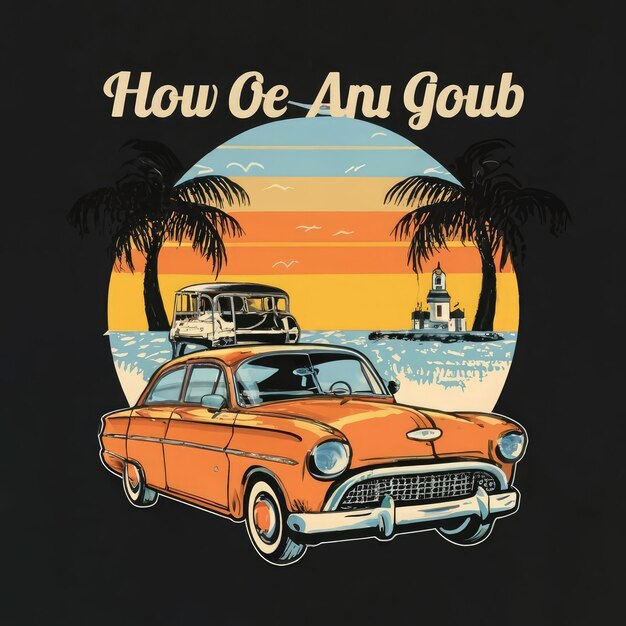 Zomer T-shirt klassieke vintage retro auto's zijn op het strand