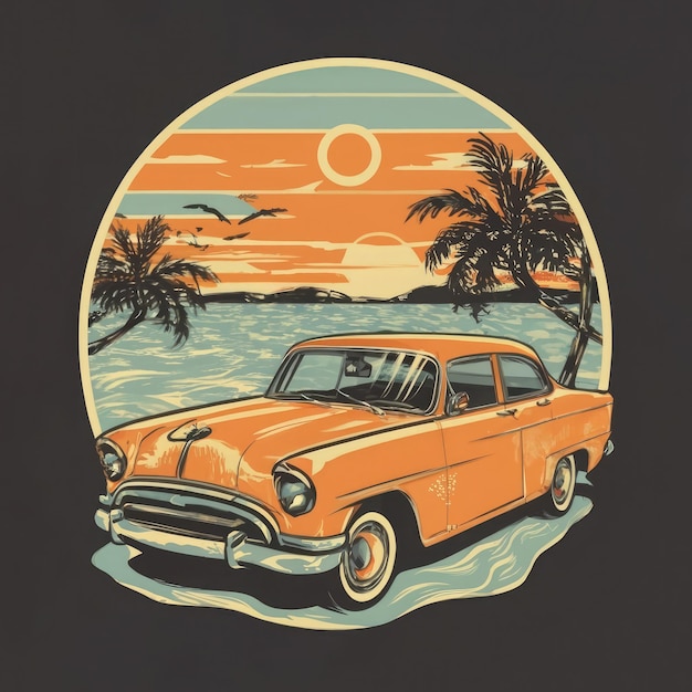 Zomer T-shirt klassieke vintage retro auto's zijn op het strand