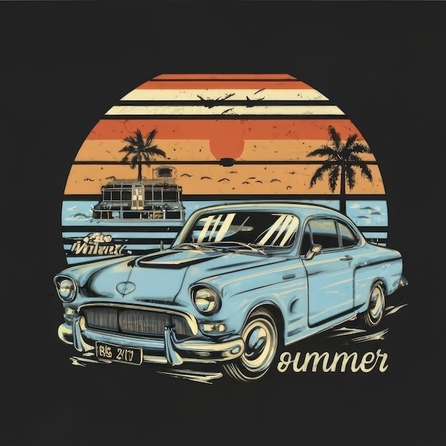 Zomer T-shirt klassieke vintage retro auto's zijn op het strand