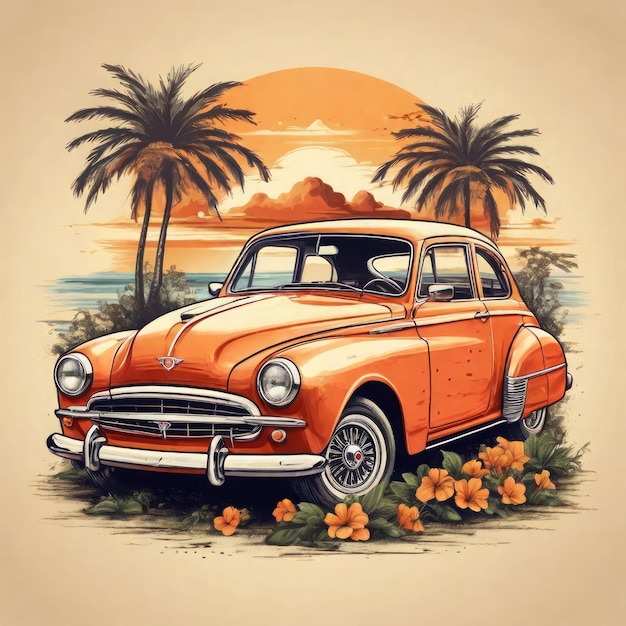 Zomer T-shirt klassieke vintage retro auto's zijn op het strand