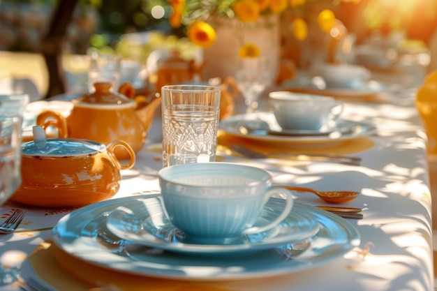 Zomer tafel instellingen in blauwe gele terracotta kleuren Generatieve AI