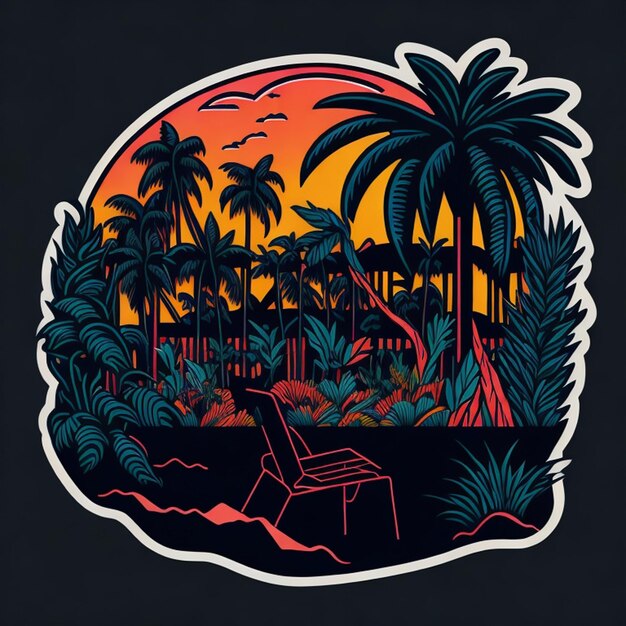 Zomer tropisch t-shirt ontwerp Bold Outline Style Vrouwen bij Palm Tree Groenten en Make-up Stalls