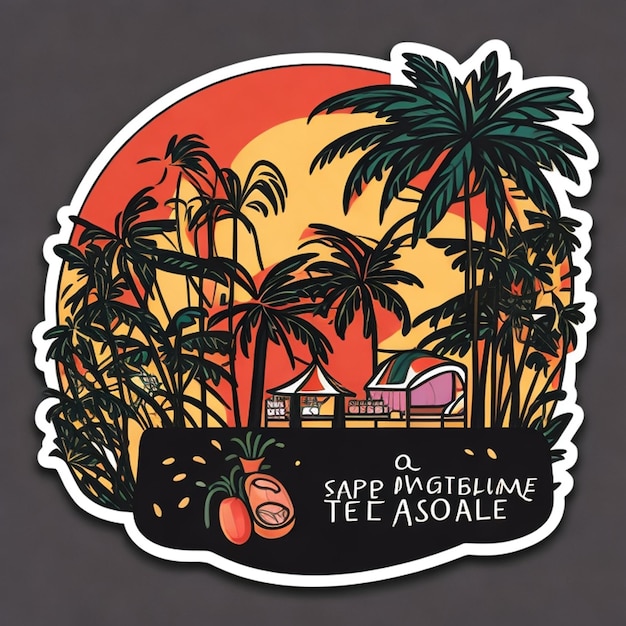 Zomer tropisch t-shirt ontwerp Bold Outline Style Vrouwen bij Palm Tree Groenten en Make-up Stalls