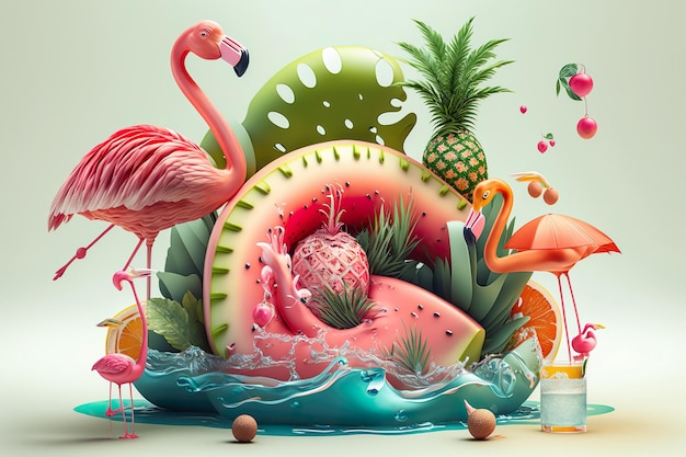 Zomer tropische Flamingo met watermeloen parasol palmbomen Zomer feestelijke vakantie strand achtergrond Genereer Ai