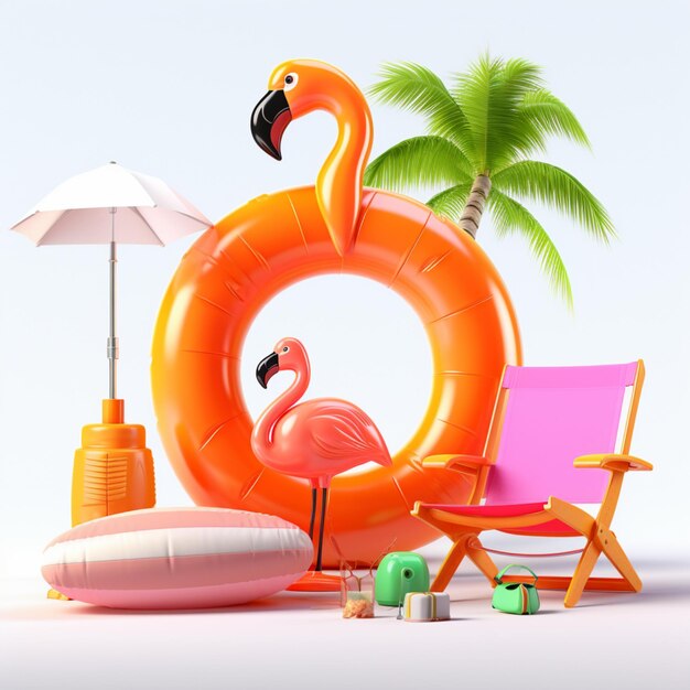 Zomer tropische flamingo met watermeloen strand paraplu palmbomen zomer feestelijke vakantie strand