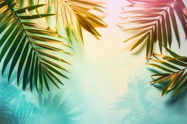 Zomer tropische palmblaadjes plat liggen achtergrond met een lege ruimte gestileerde afbeelding generatieve ai