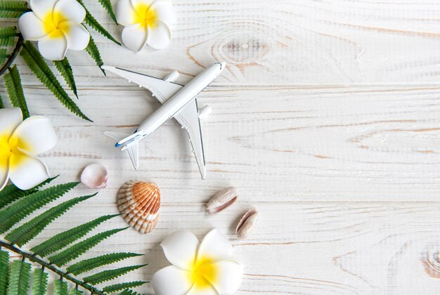 Zomer vakantie concept. Frangipani, speelgoedvliegtuig en schelpen op een witte houten ondergrond