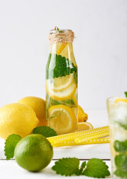 Zomer verfrissend drankje limonade met citroenen, muntblaadjes, limoen in een glazen fles