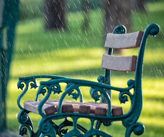 Zomer warme regen. metalen bankje met houten stoelen op een achtergrond van groen park tijdens de regen.