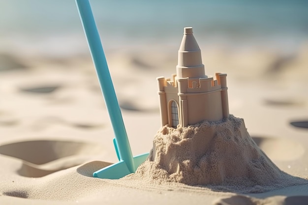 zomer Zandkasteel op het strand met een schep in het zand