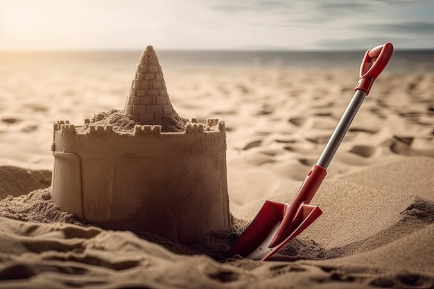 Foto zomer zandkasteel op het strand met een schep in het zand