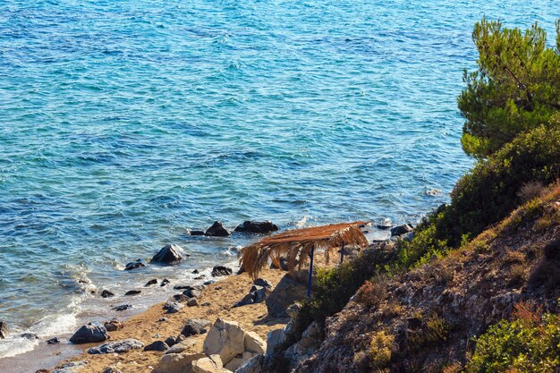 Zomer zee landschap met transparant water en zandstrand. Uitzicht vanaf de kust (Sithonia, Chalkidiki, Griekenland).