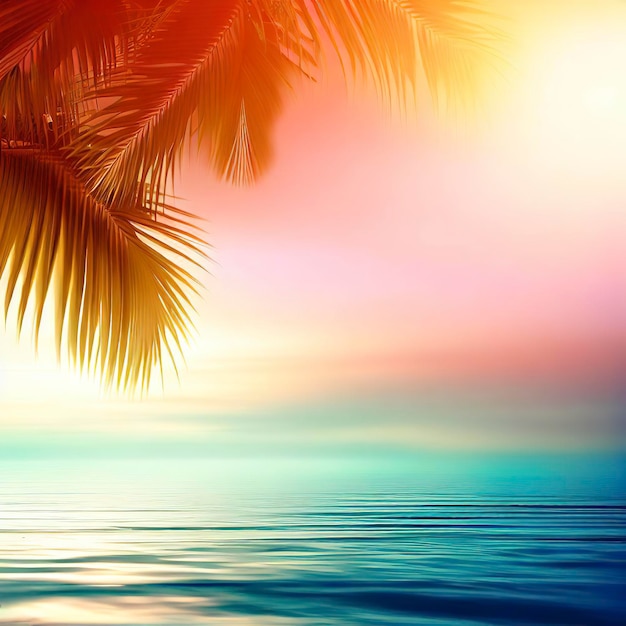 zomer zee met bladeren palm bij zonsondergang en kopieer ruimte hemel ontspannend concept mooie tropische achtergrond voor reislandschap
