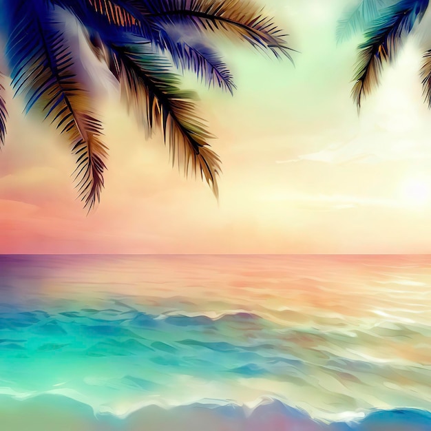zomer zee met bladeren palm bij zonsondergang en kopieer spacesky ontspannend concept mooie tropische achtergrond voor reizen landschap aquarel digitale schilderstijl