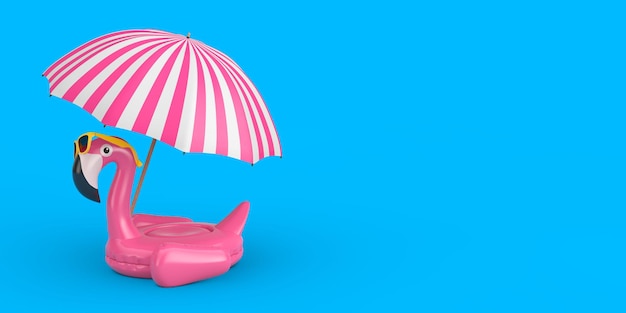 Zomer zwembad opblaasbaar rubber roze flamingo speelgoed met zonnebril en strand paraplu op een blauwe achtergrond 3d Rendering