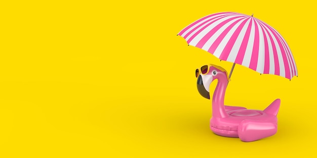 Zomer zwembad opblaasbaar rubber roze flamingo speelgoed met zonnebril en strand paraplu op een gele achtergrond 3d Rendering