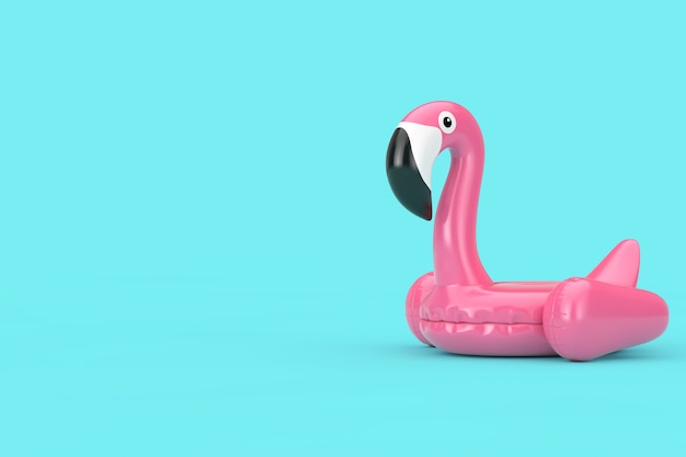 Zomer zwembad opblaasbare rubber roze flamingo speelgoed op een blauwe achtergrond. 3D-rendering