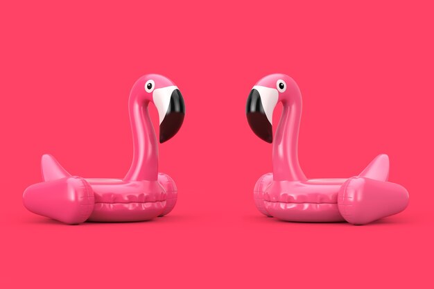 Zomer zwembad opblaasbare rubber roze flamingo speelgoed op een roze achtergrond. 3D-rendering