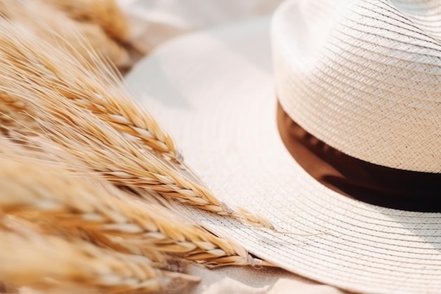 Zomerachtergrond met strohoed en wit zand met lege kopieerruimte