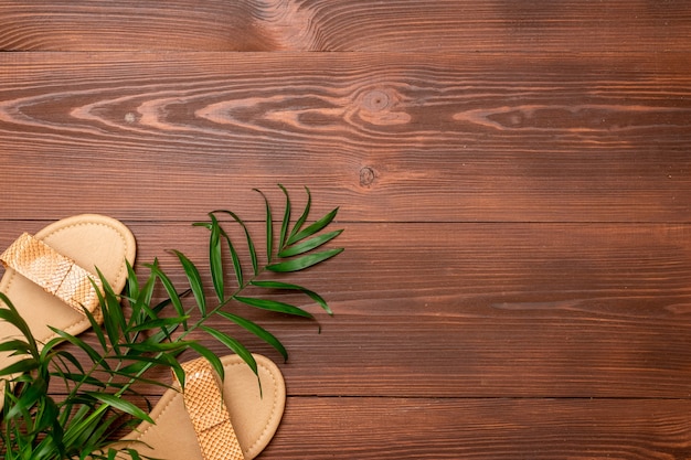 Zomerachtergrond van damessandalen en palmblad op een houten oppervlak