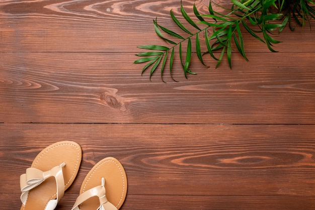 Zomerachtergrond van damessandalen en palmblad op een houten oppervlak