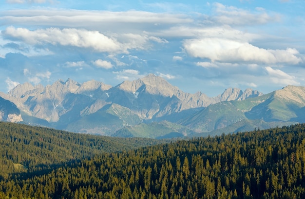 Zomeravond uitzicht op de bergen met sparrenbos op heuvel en Tatra-bereik achter (Polen)