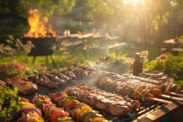 Zomerbarbecue in de open lucht met gegrilde vlees en groenten op een rokerige barbecue in een zonnige achtertuin