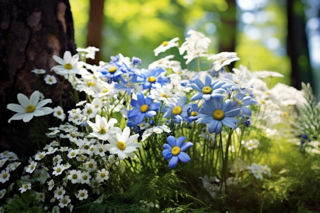 Zomerbloemboeket van witte en blauwe madeliefjes in het bos op een zonnige dag