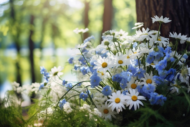 Zomerbloemboeket van witte en blauwe madeliefjes in het bos op een zonnige dag