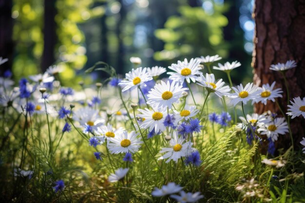 Zomerbloemboeket van witte en blauwe madeliefjes in het bos op een zonnige dag