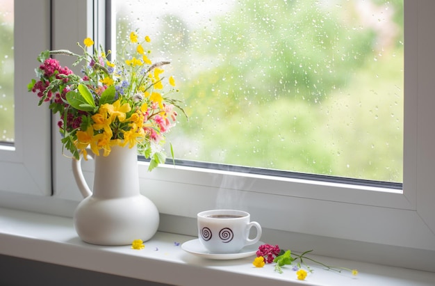 Zomerbloemen in witte kruik met kopje koffie op de vensterbank