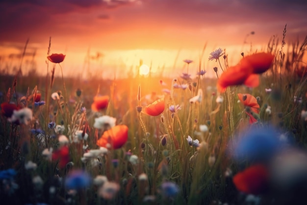 Zomerbloemenveld close-up met wilde romantische zonsondergang AI generatief