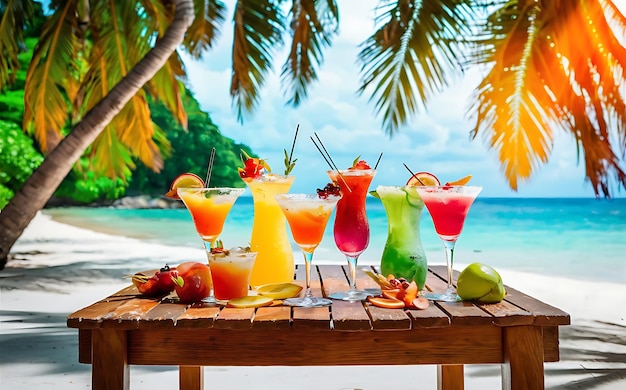 Zomercocktails op een houten tafel voor een tropisch strand met palmbomen