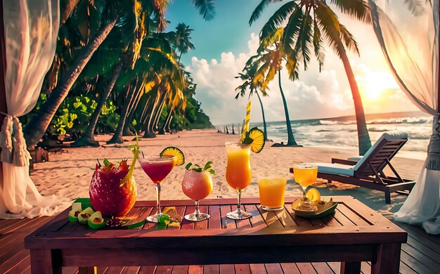 Zomercocktails op een houten tafel voor een tropisch strand met palmbomen