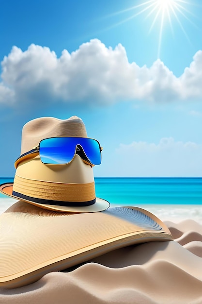 Zomercompositie op zandstrand met hoed, zonnebril en schelpen blauwe zee als achtergrondkopieruimte