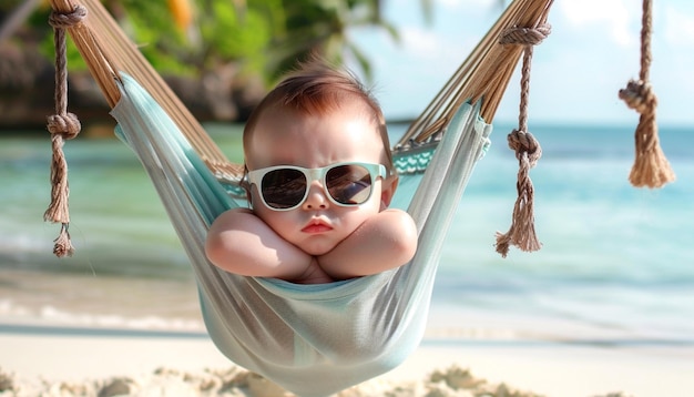 Zomerconcept baby ligt in een hangmat met zonnebril op een hete zomerdag en geniet