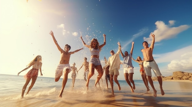 Zomerfeest met vrienden op het strand Groep van familie en vrienden springen op het strand leven