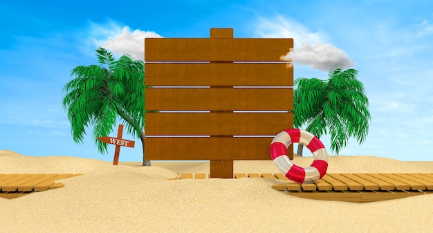 Zomerfestivalbanner met 3d strandelementen op de blauwe achtergrond 3d-rendering