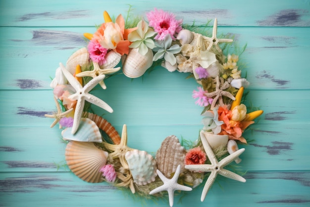 Zomerkrans met zeesterschelpen en bloemen op turquoise houten oppervlak AI generatief