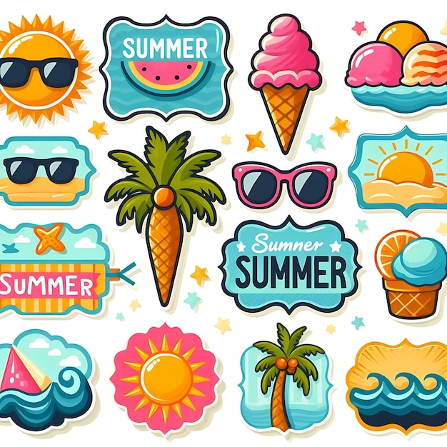 Foto zomerlabels met zonnebril, tropische palmblaadjes en strandlogoontwerp