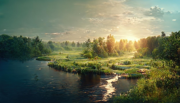 Zomerlandschap met bos en vijver bij zonsondergang onder blauwe avondlucht